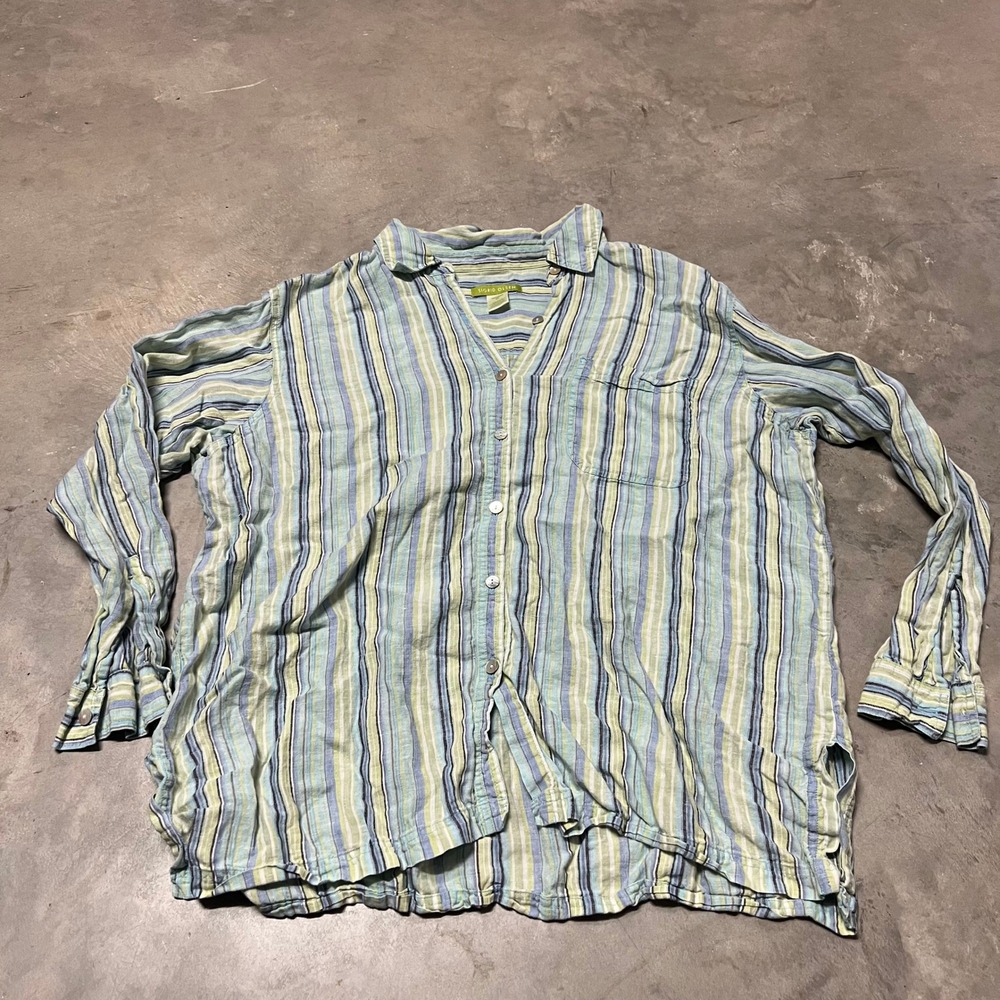 Sigrid Olsen Womens 2X Blue Green Striped 100% Linen Button Up Shirt SOLUB5252